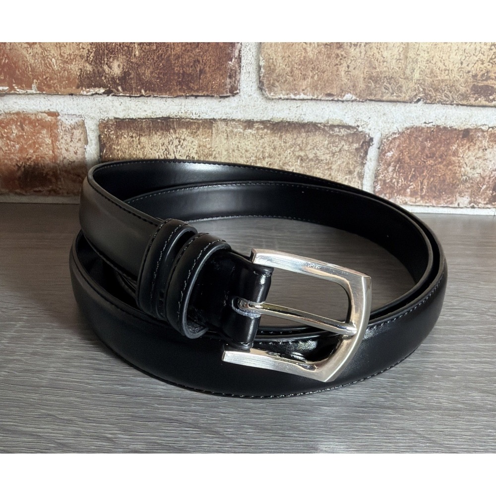 VTG Genuine Leather Black Dress Belt Silver Buckle Size 48 Made in China